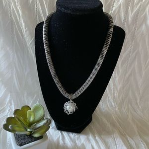 Antique color bead choker adjustable, Mesh necklace w/white faux Pearl pendant